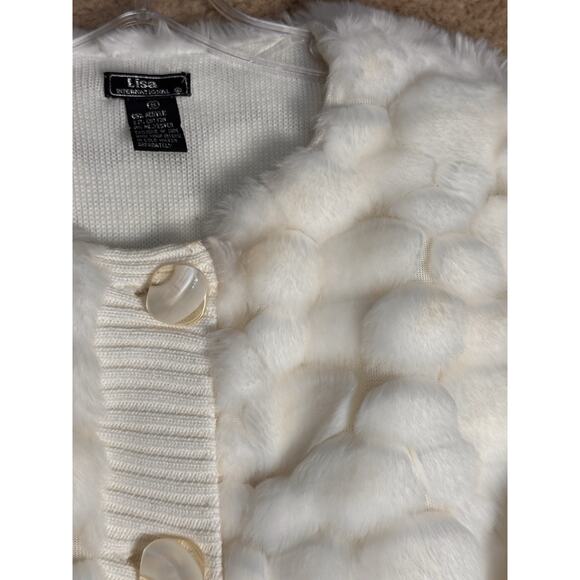 Y2K Lisa International Faux Fur Bubble Cardigan Sweater Ivory Sz S Apres Ski EC - Picture 12 of 16
